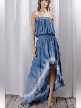 Blue Tie-Dye Strapless Midi Dress